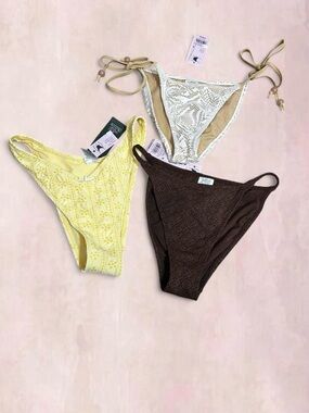 NWT Wild Fable 3 Piece Bikini Set in Yellow, White & Brown Bikini Bottoms S/M